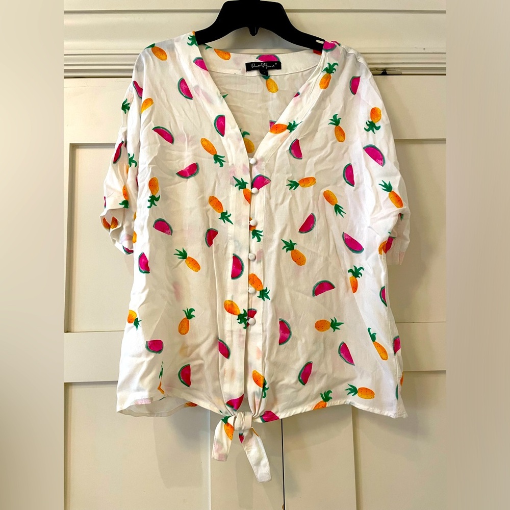 Velvet Heart size S short sleeved top. Watermelon & pineapple pattern w/ buttons